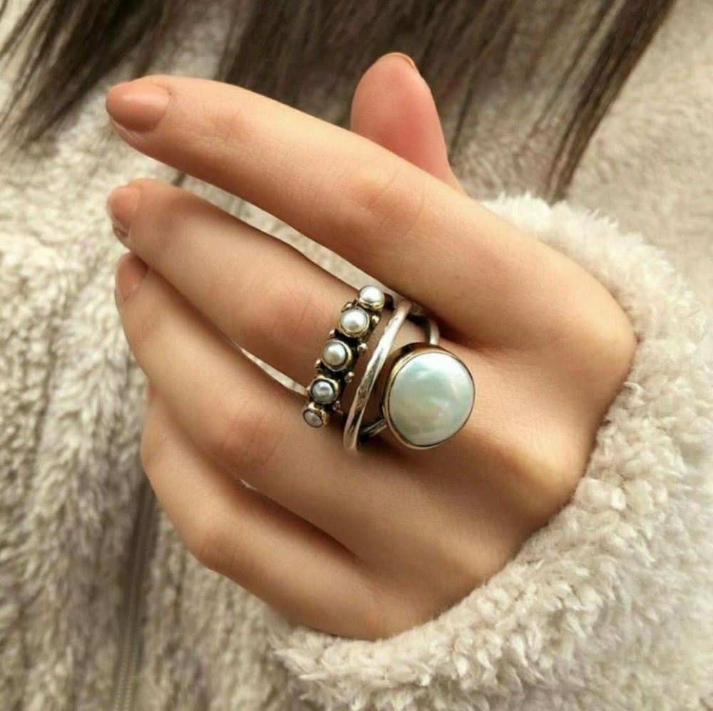Faux Pearl Solitaire Serendipity 5 Stone 925 Cuff Style Cocktail Ring